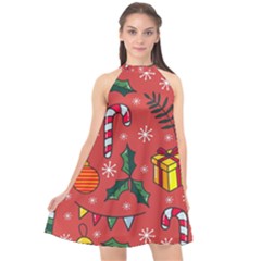 Colorful Funny Christmas Pattern Halter Neckline Chiffon Dress  by Vaneshart