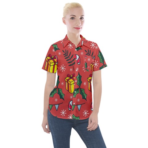 Colorful Funny Christmas Pattern Women s Short Sleeve Pocket Shirt by Vaneshart