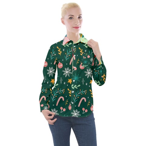 Hand Drawn Christmas Pattern Collection Women s Long Sleeve Pocket Shirt by Vaneshart