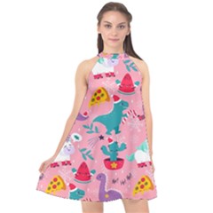 Colorful Funny Christmas Pattern Ho Ho Ho Halter Neckline Chiffon Dress 