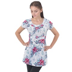 Watercolor Christmas Floral Seamless Pattern Puff Sleeve Tunic Top by Vaneshart