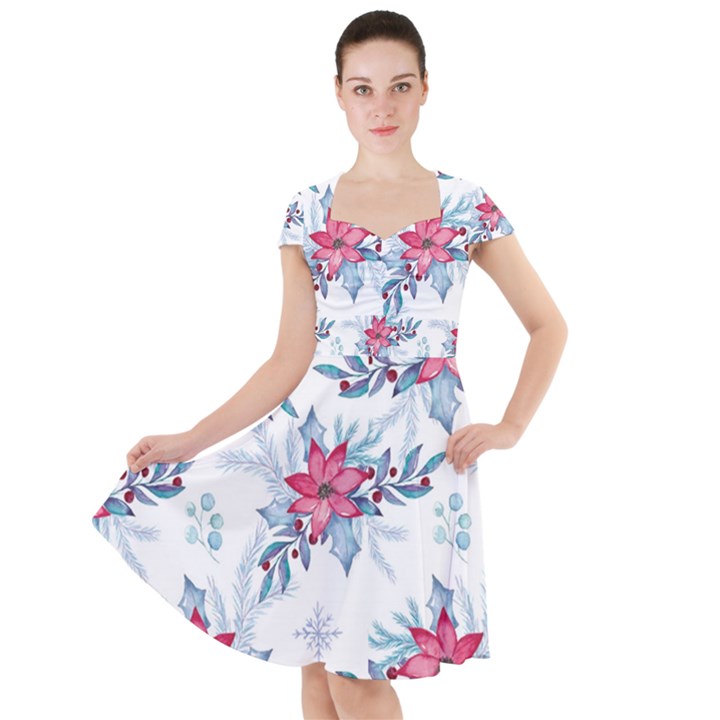 Watercolor Christmas Floral Seamless Pattern Cap Sleeve Midi Dress