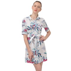 Watercolor Christmas Floral Seamless Pattern Belted Shirt Dress by Vaneshart