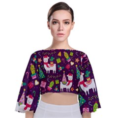 Colorful Funny Christmas Pattern Tie Back Butterfly Sleeve Chiffon Top by Vaneshart