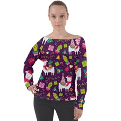 Colorful Funny Christmas Pattern Off Shoulder Long Sleeve Velour Top by Vaneshart