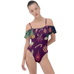 Christmas Pattern Collection Flat Design Frill Detail One Piece Swimsuit