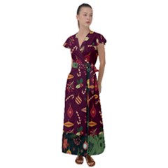 Christmas Pattern Collection Flat Design Flutter Sleeve Maxi Dress by Vaneshart