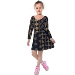 Golden Christmas Pattern Collection Kids  Long Sleeve Velvet Dress by Vaneshart