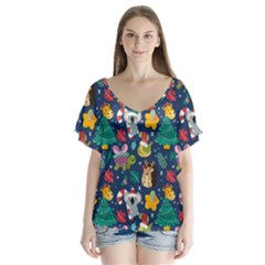 Colorful Funny Christmas Pattern V-neck Flutter Sleeve Top by Vaneshart