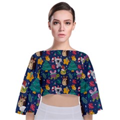 Colorful Funny Christmas Pattern Tie Back Butterfly Sleeve Chiffon Top by Vaneshart