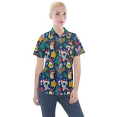 Colorful Funny Christmas Pattern Women s Short Sleeve Pocket Shirt