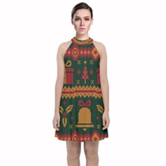 Knitted Christmas Pattern Velvet Halter Neckline Dress 