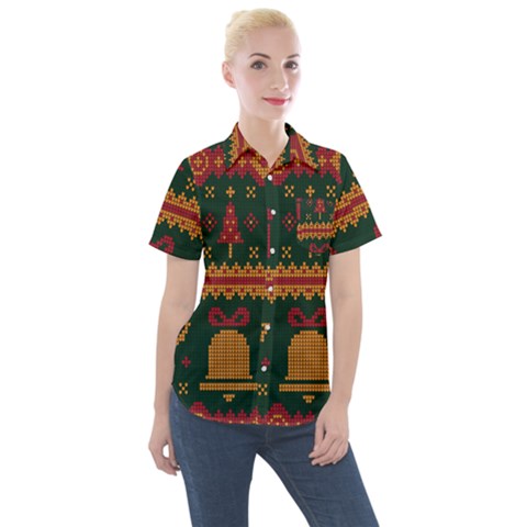 Knitted Christmas Pattern Women s Short Sleeve Pocket Shirt by Vaneshart