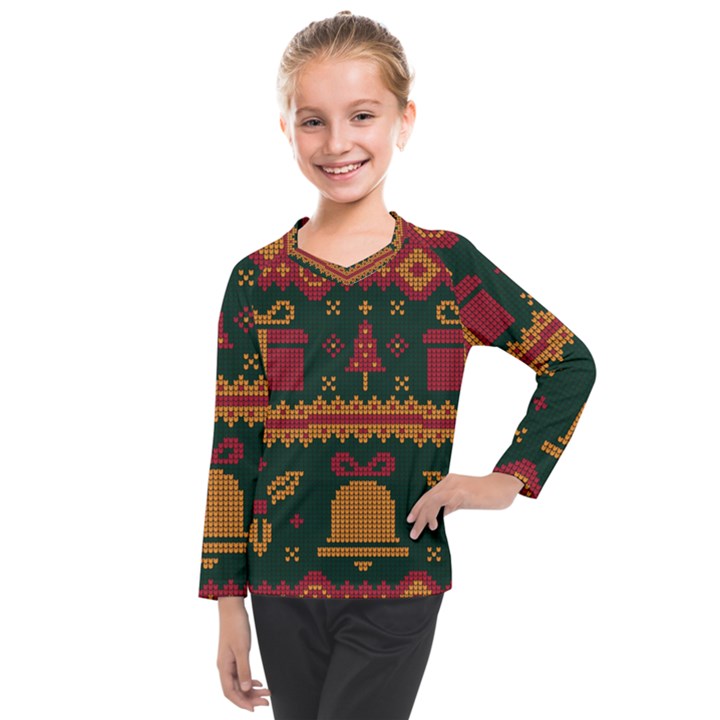 Knitted Christmas Pattern Kids  Long Mesh Tee