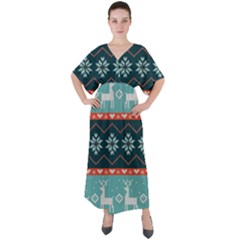 Beautiful Knitted Christmas Pattern V-neck Boho Style Maxi Dress by Vaneshart