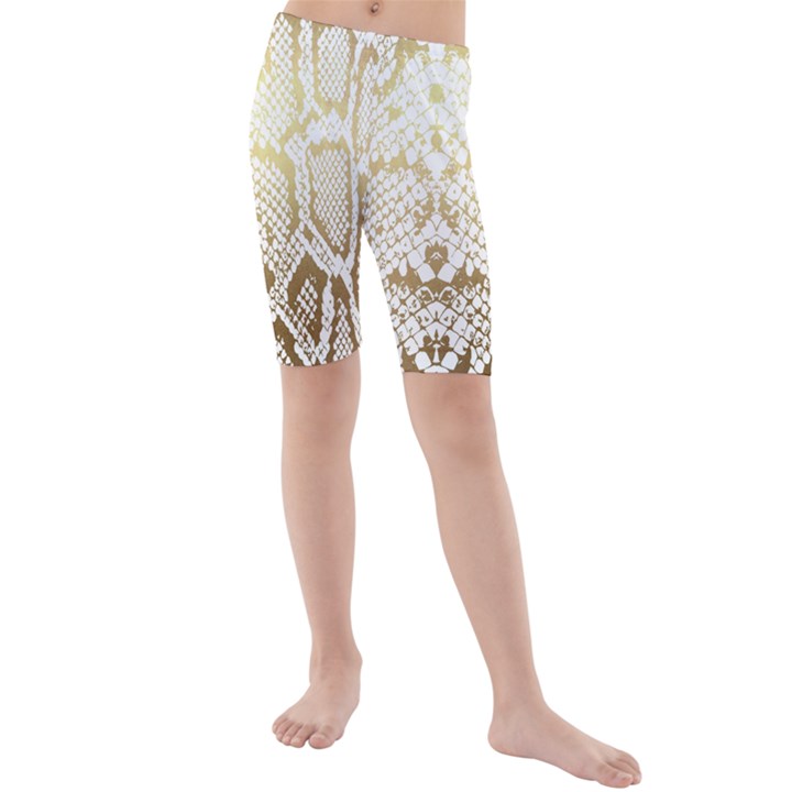 White and Gold Snakeskin Kids  Mid Length Swim Shorts