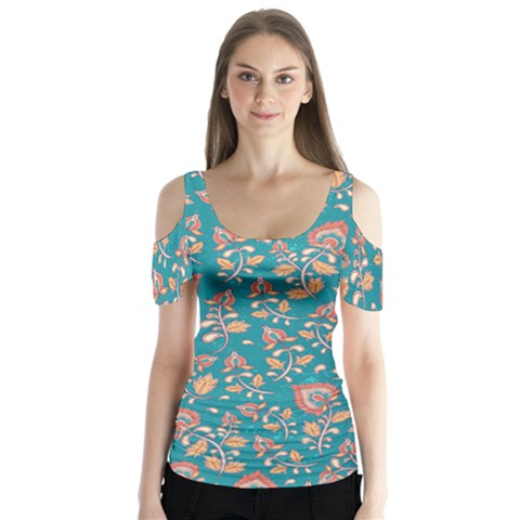 Teal Floral Paisley Butterfly Sleeve Cutout Tee  by mccallacoulture