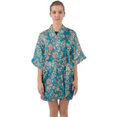 Teal Floral Paisley Half Sleeve Satin Kimono  by mccallacoulture