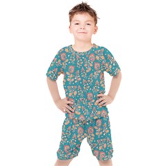 Teal Floral Paisley Kids  Tee And Shorts Set by mccallacoulture