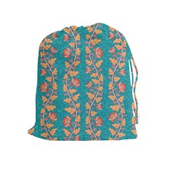 Teal Floral Paisley Stripes Drawstring Pouch (xl) by mccallacoulture