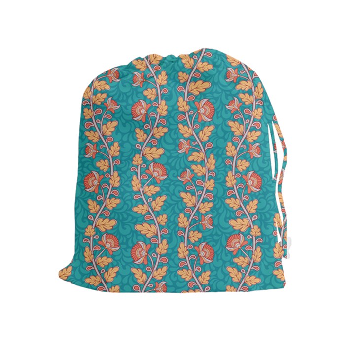 Teal Floral Paisley Stripes Drawstring Pouch (XL)