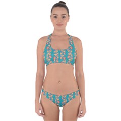 Teal Floral Paisley Stripes Cross Back Hipster Bikini Set by mccallacoulture