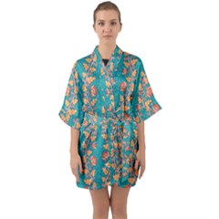 Teal Floral Paisley Stripes Half Sleeve Satin Kimono  by mccallacoulture