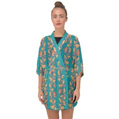 Teal Floral Paisley Stripes Half Sleeve Chiffon Kimono by mccallacoulture