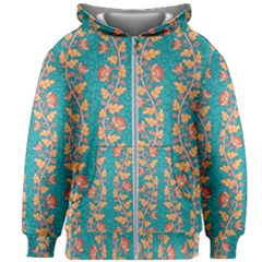 Teal Floral Paisley Stripes Kids  Zipper Hoodie Without Drawstring by mccallacoulture