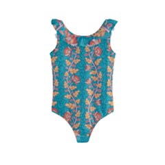 Teal Floral Paisley Stripes Kids  Frill Swimsuit by mccallacoulture