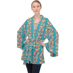 Teal Floral Paisley Stripes Long Sleeve Velvet Kimono  by mccallacoulture