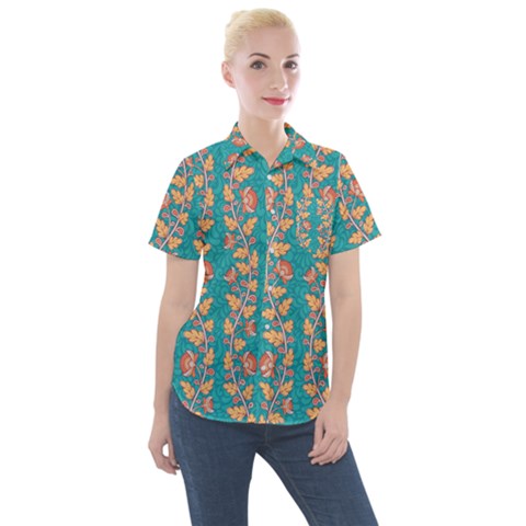 Teal Floral Paisley Stripes Women s Short Sleeve Pocket Shirt by mccallacoulture