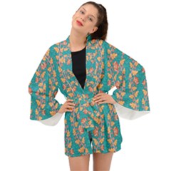 Teal Floral Paisley Stripes Long Sleeve Kimono by mccallacoulture