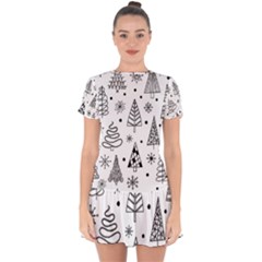 Seamless Pattern With Christmas Trees Drop Hem Mini Chiffon Dress