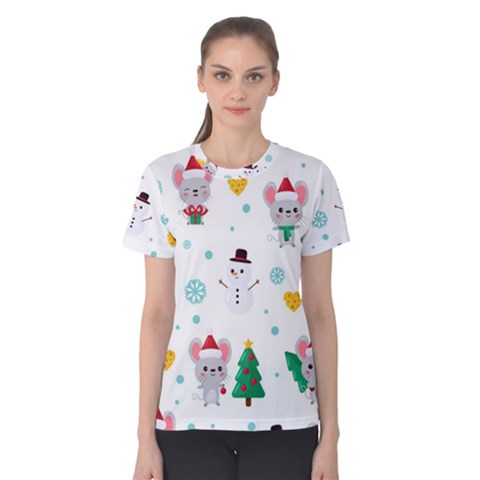 Christmas Seamless Pattern With Cute Kawaii Mouse Women s Cotton Tee by Vaneshart