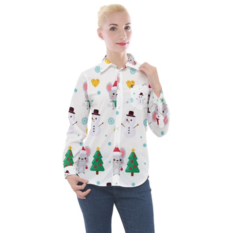 Christmas Seamless Pattern With Cute Kawaii Mouse Women s Long Sleeve Pocket Shirt by Vaneshart