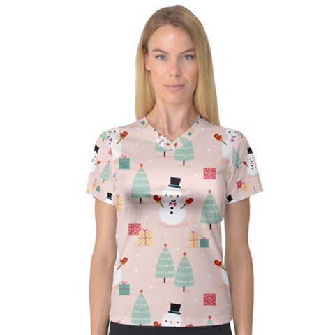 Cute Snowman Christmas Season Seamless Pattern V-neck Sport Mesh Tee by Vaneshart