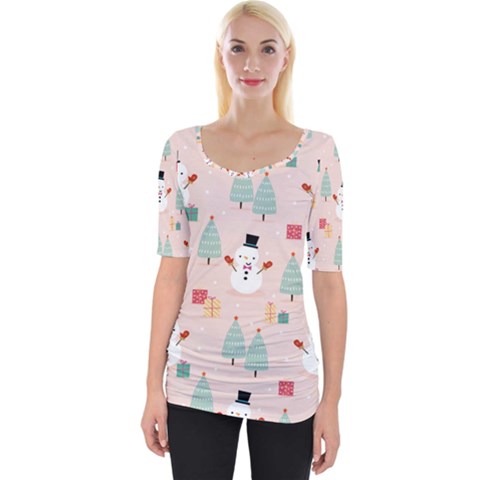 Cute Snowman Christmas Season Seamless Pattern Wide Neckline Tee by Vaneshart