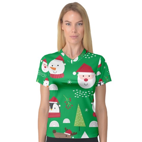 Cute Face Christmas Character Cute Santa Claus Reindeer Snowman Penguin V-neck Sport Mesh Tee by Vaneshart