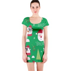 Cute Face Christmas Character Cute Santa Claus Reindeer Snowman Penguin Short Sleeve Bodycon Dress by Vaneshart