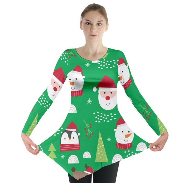 Cute Face Christmas Character Cute Santa Claus Reindeer Snowman Penguin Long Sleeve Tunic 