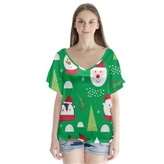 Cute Face Christmas Character Cute Santa Claus Reindeer Snowman Penguin V-neck Flutter Sleeve Top by Vaneshart