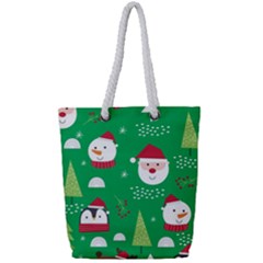 Cute Face Christmas Character Cute Santa Claus Reindeer Snowman Penguin Full Print Rope Handle Tote (small) by Vaneshart