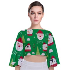 Cute Face Christmas Character Cute Santa Claus Reindeer Snowman Penguin Tie Back Butterfly Sleeve Chiffon Top by Vaneshart