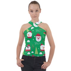 Cute Face Christmas Character Cute Santa Claus Reindeer Snowman Penguin Cross Neck Velour Top by Vaneshart