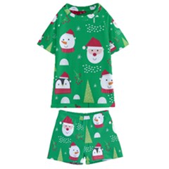 Cute Face Christmas Character Cute Santa Claus Reindeer Snowman Penguin Kids  Swim Tee And Shorts Set by Vaneshart