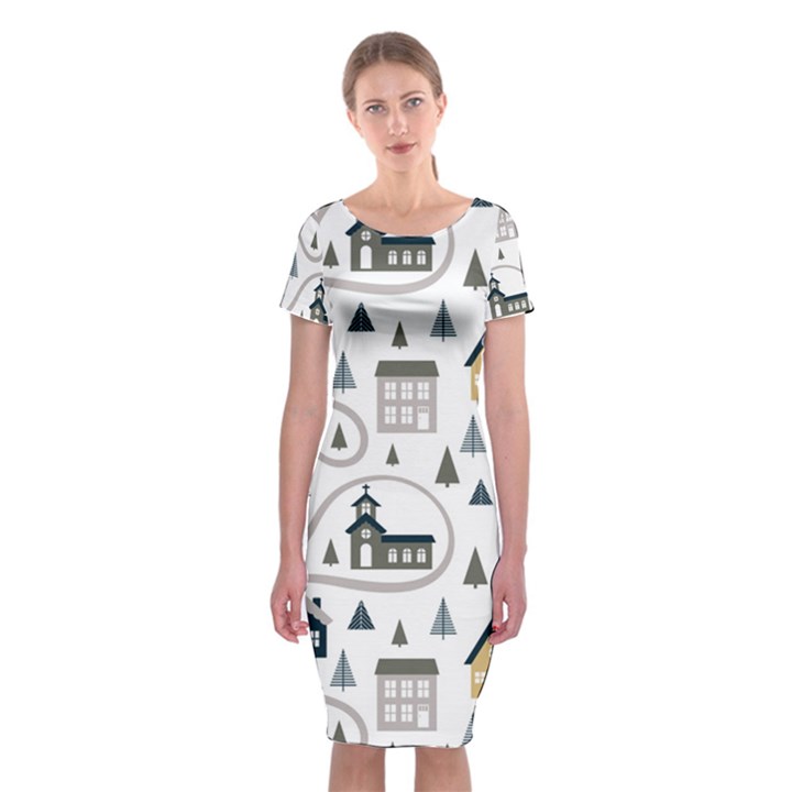 Abstract Seamless Pattern With Cute Houses Trees Road Classic Short Sleeve Midi Dress