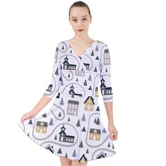 Abstract Seamless Pattern With Cute Houses Trees Road Quarter Sleeve Front Wrap Dress by Vaneshart