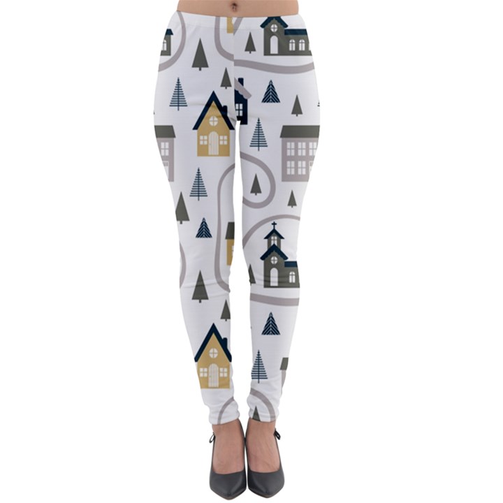 Abstract Seamless Pattern With Cute Houses Trees Road Lightweight Velour Leggings