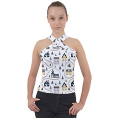 Abstract Seamless Pattern With Cute Houses Trees Road Cross Neck Velour Top by Vaneshart